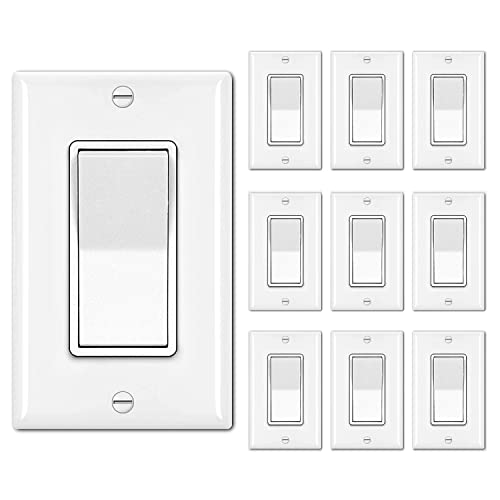 BESTTEN 10 Pack Single Pole Decorator Light Switch with Wallplate - White, 15A 120/277V, Rocker Paddle, On/Off UL Certified