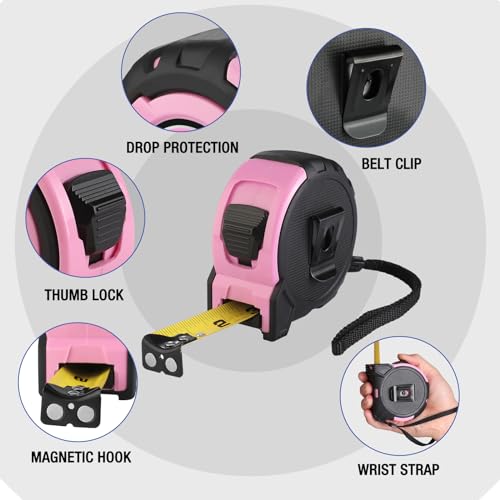 WORKPRO Pink 25FT Tape Measure with Easy Read 1/8 Inch Markings & Magnetic Hook