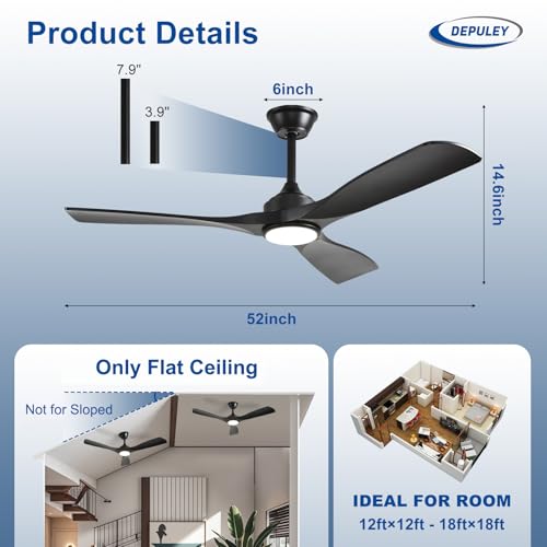 Depuley Black 52-Inch Ceiling Fan with Light, Remote, 6-Speed, Reversible for Indoor & Outdoor Patios