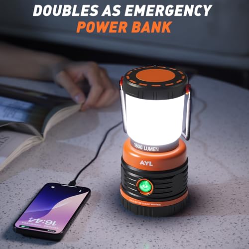 AYL 1800LM Rechargeable LED Camping Lantern 2 Pack Black & Orange, Waterproof Emergency Light with Power Bank