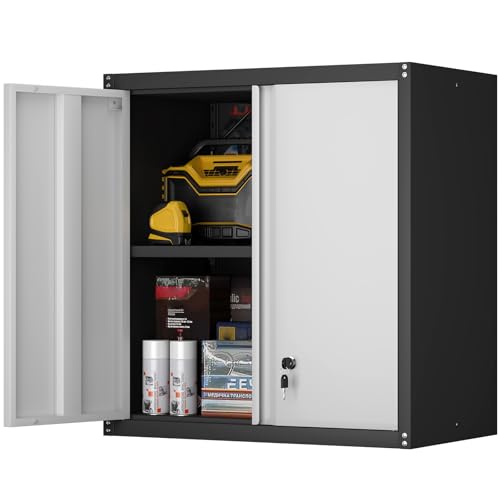 STEELIST 28"h Wall-Mounted Locking Cabinet with Doors & Shelves – Heavy-Duty Steel Tool Cabinet, Grey/Black