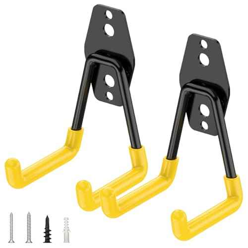 TICONN 2 Pack Heavy Duty Garage Hooks, Steel Utility Wall Storage Hooks, Wall Mount Hanger Organizer for Ladders, Bikes, Tools, Bulky Items (Small, Yellow Square)