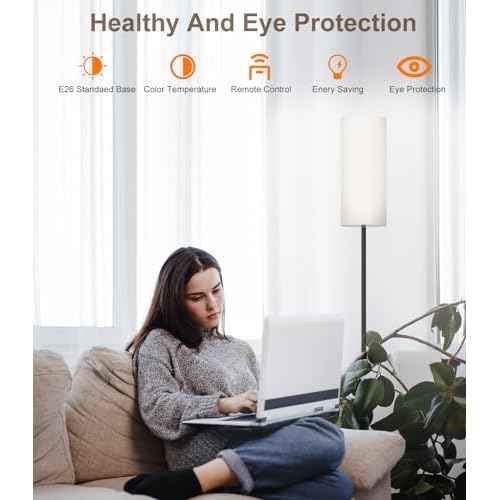 luckystyle Dimmable Floor Standing Tall Lamp, 12W Led Bulb with Lampshade, Foot Switch, Remote Custom Color Temperature Pole for Bedroom, Office, Kids & Living Room, Black