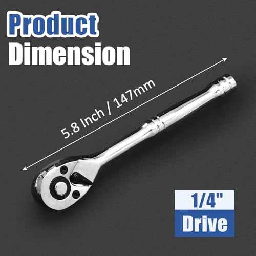 1/4 Inch Drive Ratchet Wrench, 72-Tooth Quick-Release Reversible Wrench, Chrome Vanadium Steel Wrench Tool, 5.8 Inch Length Full Polished Handle