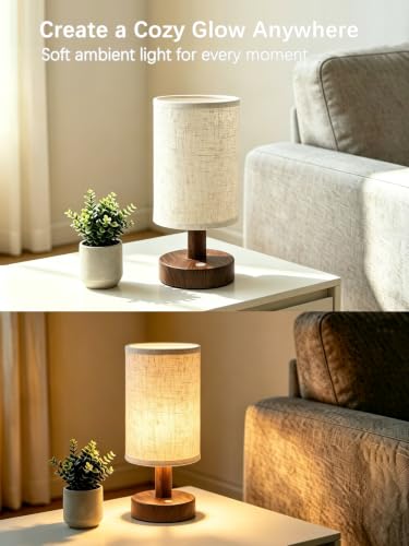 Wood Grain Rechargeable Cordless Touch Table Lamp with Dimmable 3-Color Light