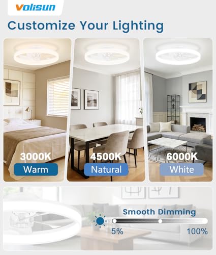 VOLISUN 20in White Low Profile Ceiling Fan with Lights & Remote, Dimmable LED Fandelier