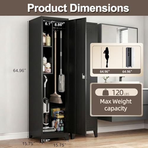 FATIGOS Slim Broom Closet Cabinet, Black Metal Storage Cabinet 65x15.8x15.8 with Lock, S-Hooks