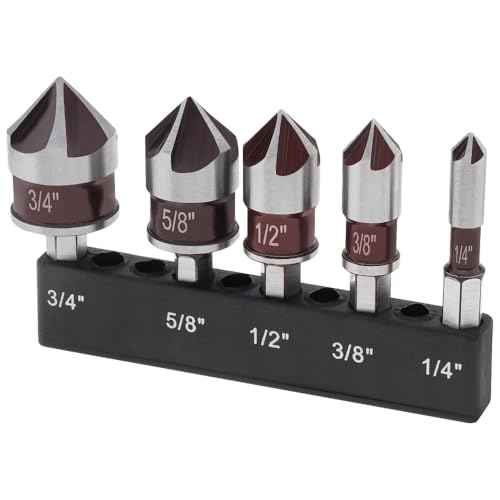 5PCS Countersink Drill Bit Set, Premium HSS Countersink Drill Bit with 82-Degree, 5 Flutes 1/4 Inch Quick-Change Hex Shank, 1/4 Inch to 3/4 Inch Size, Counter Sink Drill Bits for Wood, Metal, Plastic
