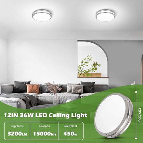 GoBright Brushed Nickel 36W LED Ceiling Light Fixture, 12in, 3 CCT Adjustable