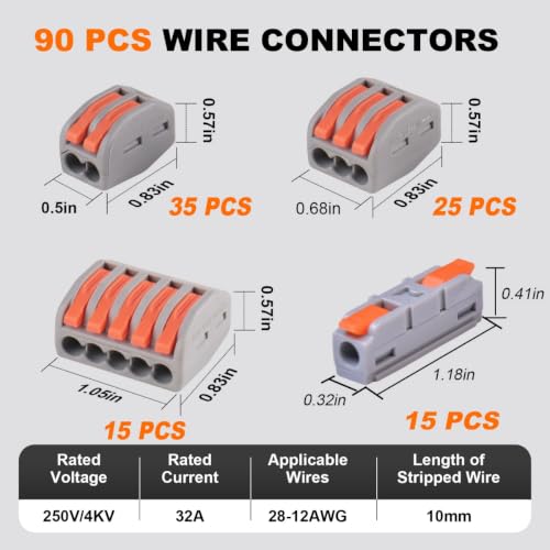 90PCS AVARBUVO Lever Wire Connectors Kit, Quick Push-In Terminal Splicing 28-12 AWG