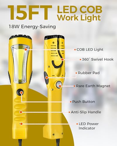 WILAWELS 18W LED Work Light 2000LM COB Handheld Underhood Scene Light, 15Ft Yellow Cord