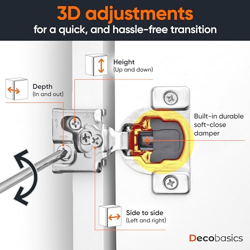 Decobasics 50 Pack 1/2 Inch Soft Close Cabinet Hinges - Concealed Self-Closing Stainless Steel, Adjustable for Face Frame Kitchen Cabinets