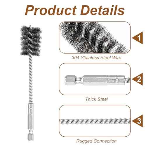 4 PCS Stainless Steel Wire Brushes,Hex Shank Handle Small Wire Brushes,for Drill Ports Tubes Bearings Cleaning Parts Attachments and More,3/8'',1/2'',3/4'',7/8''