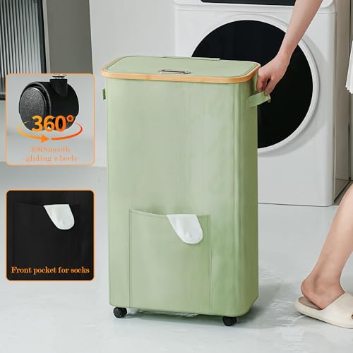 Vincona 75L Sage Green Laundry Basket with Wheels and Lid - Tall Rolling Hamper