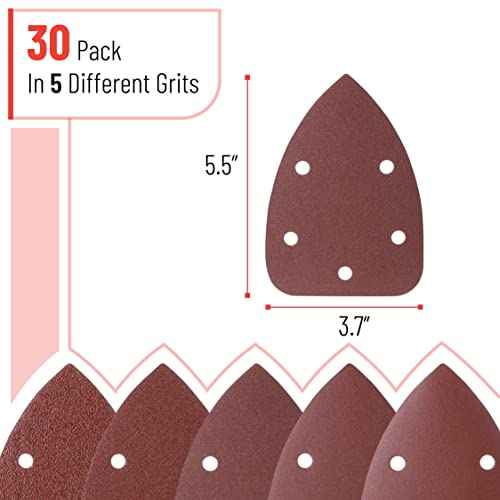 Bates- Mouse Detail Sander Sanding Pads, 30 pcs, 40/80/120/180/240 Grits, Palm Sander Sandpaper