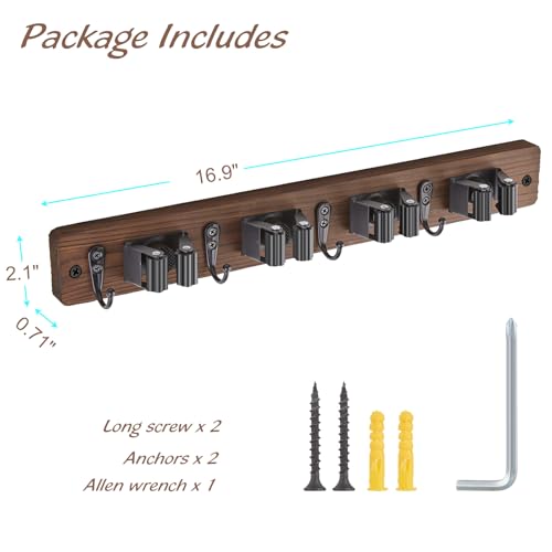 OUTNILI Rustic Wood Wall-Mounted Broom and Mop Holder with 4 Slots & Hooks - Brown / 4 Grips - 1 Pack
