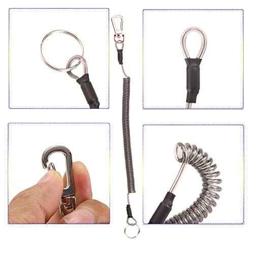 Fishing Lanyard (7Pcs) Safety Retractable Coiled Tether with Carabiner and Split Ring for Pliers, Boating, Tools(Black)