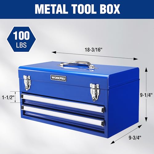 WORKPRO 18-Inch Tool Box with 2 Drawers & Top Storage - Blue