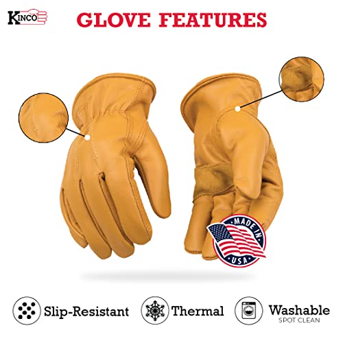 Kinco 198HK Lined Premium Grain Cowhide Driver with Palm Patch - Premium Full Grain Cowhide Full Fingers with Thermal Lining and Shirred Elastic Wrist - Water Repellent - For Outdoors, Indoors - XL