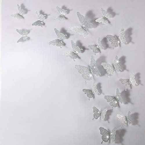 BBTO 48 Pieces Butterfly Wall Decor DIY Mirror 3D Butterfly Stickers Removable Decals for Home Bedroom School Bathroom Living Room Decor(Glitter Silver)