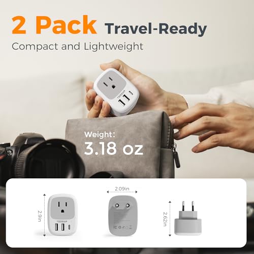 TESSAN 2 Pack Travel Plug Adapter US to Europe Type C, White & Grey