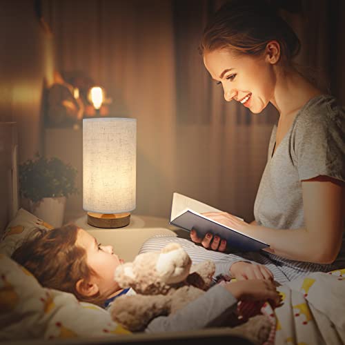SEENSINY Small Bedside Table Lamp with Wood Base, Round Set of 1, Warm White, E26 LED Bulb Included
