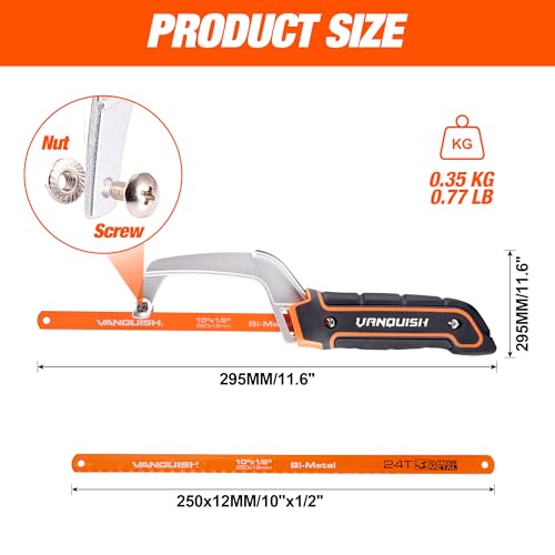 VANQUISH Aluminum Frame Mini Wood Hack Saw with 2 Piece Extra Flexible Bi-Metal HSS Blades Cutter Hand Hacksaw for Woodworking and Metal NW4851