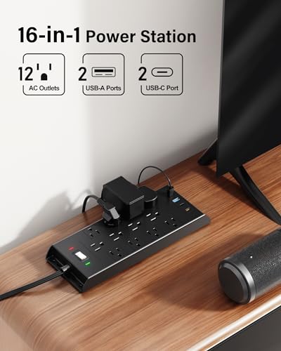 LeZone 16-in-1 Surge Protector Power Strip 4800J, 10Ft Flat Extension Cord, 12 Outlets, 2 USB-C, 2 USB Ports, Wall Mountable, Black, 10FT/12AC+4USB