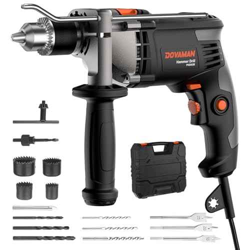 DOVAMAN PHD03B 7.5A Corded Hammer Drill, 1/2'' Impact Drill with Variable Speed 0?3000RPM, Metal Chuck, 2 Modes for Concrete, Wood, Metal ? Includes Bits & Carrying Case