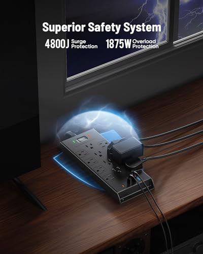 LeZone 16-in-1 Surge Protector Power Strip 4800J, 10Ft Flat Extension Cord, 12 Outlets, 2 USB-C, 2 USB Ports, Wall Mountable, Black, 10FT/12AC+4USB