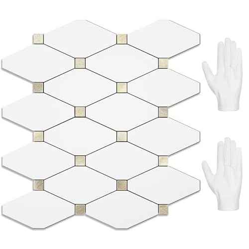 STICKGOO 10 Sheets Peel and Stick Backsplash, Pure White Marble Look PVC Mixed Metal Gold Kitchen Backsplash, Stick on Backsplash Wall Tiles for Kitchen, Bathroom, RV