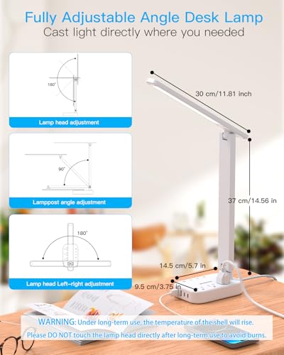 White Small LED Desk Lamp Power Strip with 3 Outlets & 4 USB Ports, 5ft Extension Cord, Touch Dimmable Study Reading Light