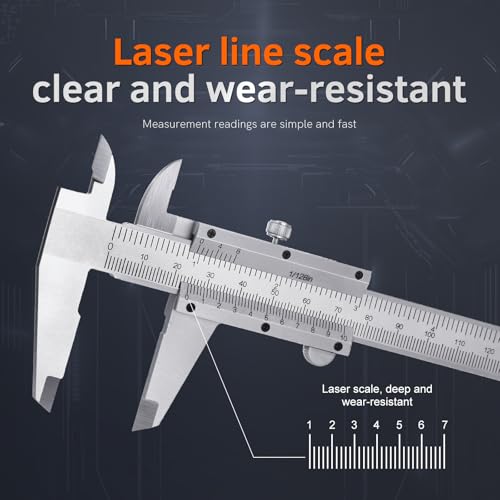 6-Inch/150mm Vernier Caliper Measuring Tool, Fractional Calipers, High-Hardness Steel Mechanical Micrometer, Non-Digital Slide with Dual Imperial/Metric Scale, 0.02 mm&1/128 Inch