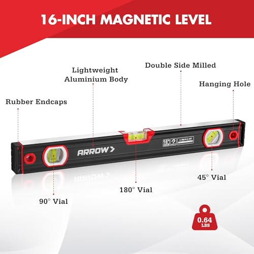Arrow 16-Inch Magnetic Torpedo Level – 4-MMagnet, V-Groove, Aluminum Frame (Single Level 16")