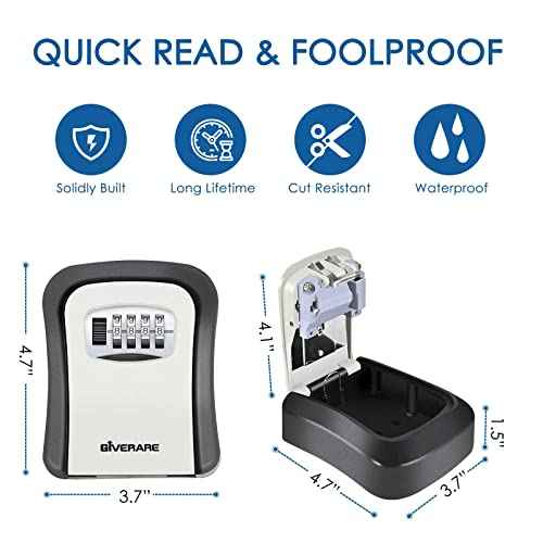 GIVERARE Key Lock Box, 4-Digit Combination Lockbox Aluminum Alloy, Metal Waterproof Wall Mount Outdoor Key Hider, Resettable Safe Security Password Box with Mounting Kit & Dust-proof Cover-Grey