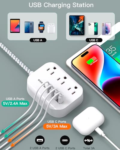 Mifaso 5Ft White Power Strip with USB Ports - Cruise Ship & Travel Essential