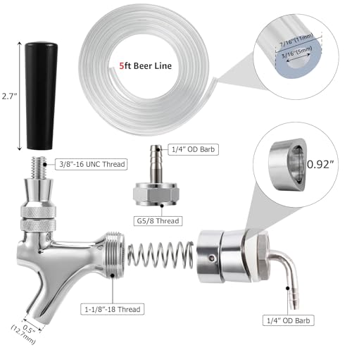 Kegerator Draft Beer Faucet Kit with Shank, 5 ft Line, Barb Fittings