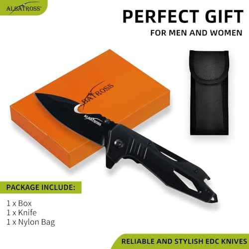 ALBATROSS Folding Pocket Knife - Multi-functional knife with Bottle Opener, Glass Breaker & Seatbelt Cutter - Outdoor Everyday Carry Knife (Black, AS-19652-BK)
