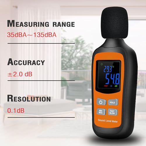 V·RESOURCING Decibel Meter 35-135dB Orange & Black with Temp, Fast/Slow, Max/Min & Data Hold