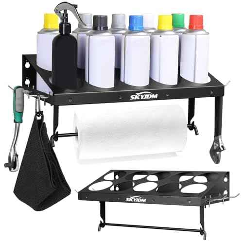 10 Aerosol Spray Can Holder with Paper Towel Holder & 4 Detachable Hooks, Space-Saving Tool Organizer Wall Mount for Garage, Workspace and Tool Room