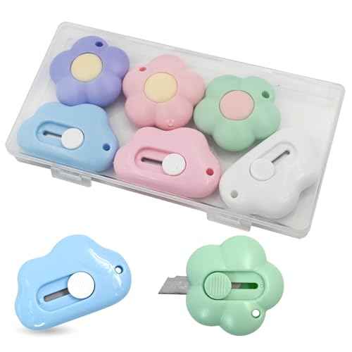 6 Pack Mini Box Cutter, Cute Letter Opener, Small Utility Knives, Box Cutter Retractable Paper Package Slice Safety, Aesthetic Office Supplies Stationary for Women Girls, Cloud and Flower Shape