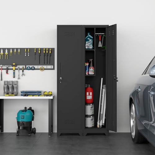 FATIGOS Slim Broom Closet Cabinet, Black Metal Storage Cabinet 65x15.8x15.8 with Lock, S-Hooks