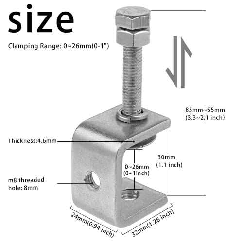 2 Pack 304 Stainless Steel Small C Clamps 1 Inch Mini C-Clamps Heavy Duty With Wide Jaw Opening for Woodworking and Welding Mounting (30mm)