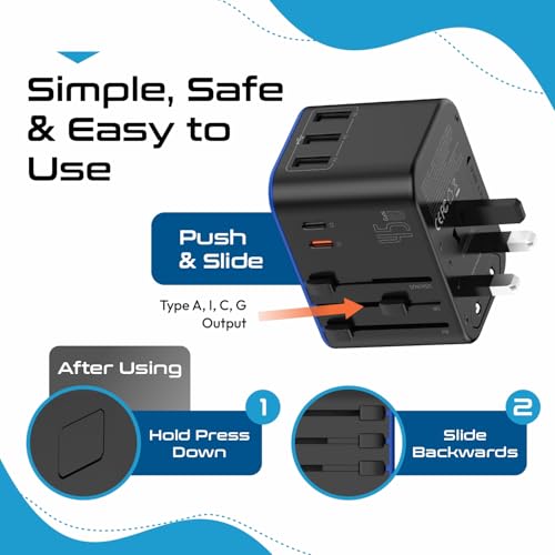 Ceptics 45W Universal Travel Adapter with 3 USB-A, 2 USB-C Ports - Black