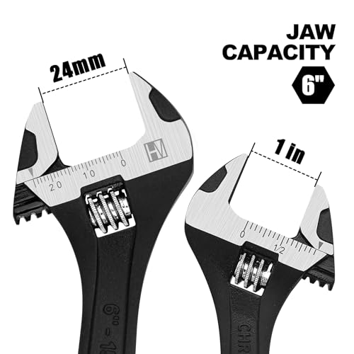 HAUTMEC 6 inch Adjustable Wrench Extra Wide Jaw Black Finish Adjustable Wrenches Drop-Forged CR-V Steel Metric & SAE Scales for Home Garage Workshop DIY
