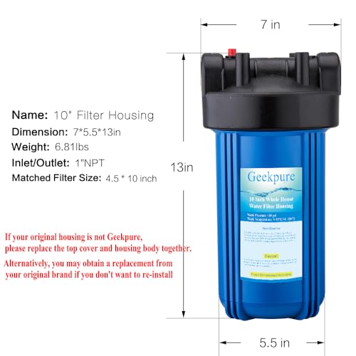 Geekpure 10-Inch Whole House Water Filter Housing - 4.5 x 10 Inch, 1" Ports, Variation 1
