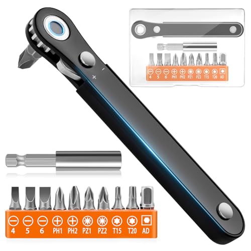Right Angle Screwdriver Set Mens Gifts, Mini Ratcheting 90 Degree Offset Screwdriver Pocket Mini Low Profile Ratchet Wrench Bit Socket Set Sewing Machine Tool Stocking Stuffers Mens Gifts for Him