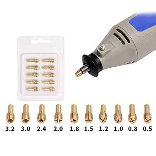 Drilax 10 Pcs Brass Collet Set Compatible with Dremel Rotary Tools | 0.5mm to 3.2mm (1/8") Bit Sizes | 5/32" Shank Compatible | Improved Precision Chuck