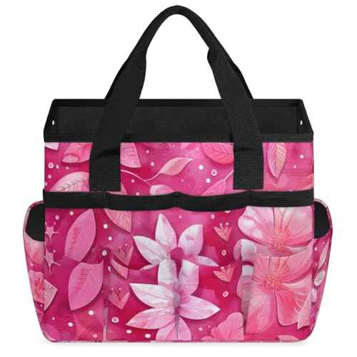 Rose Red flower Gardening Tool Bag,Heavy Duty Garden Tote Bag,Portable Oxford Gardening Storage Basket Organizer Handbag with Pockets Handle,Hand Tools Gifts for Outdoor Garden Lawn