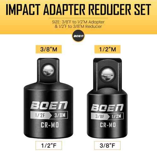 boen 2-Pieces Impact Socket Adapter and Reducer Set, 3/8"F to 1/2"M Adapter & 1/2"F to 3/8"M Reducer, Standard Square Driver & Wrench Conversion Kit, CR-MO Steel